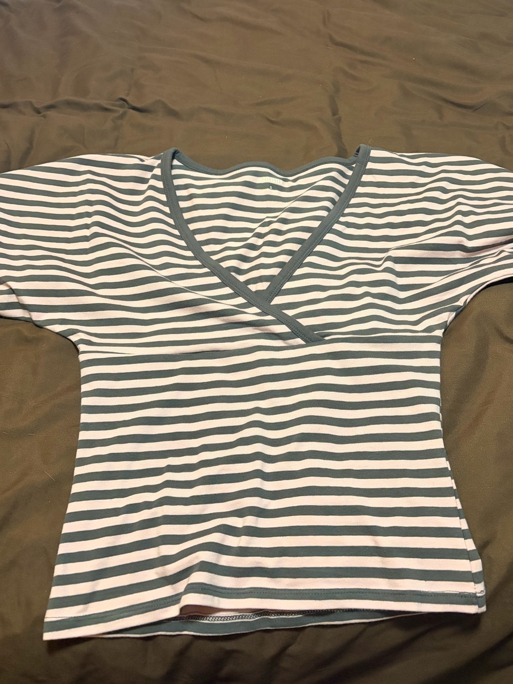 Hollister Pink and Gray Striped V-Neck Short Sleeve Tee